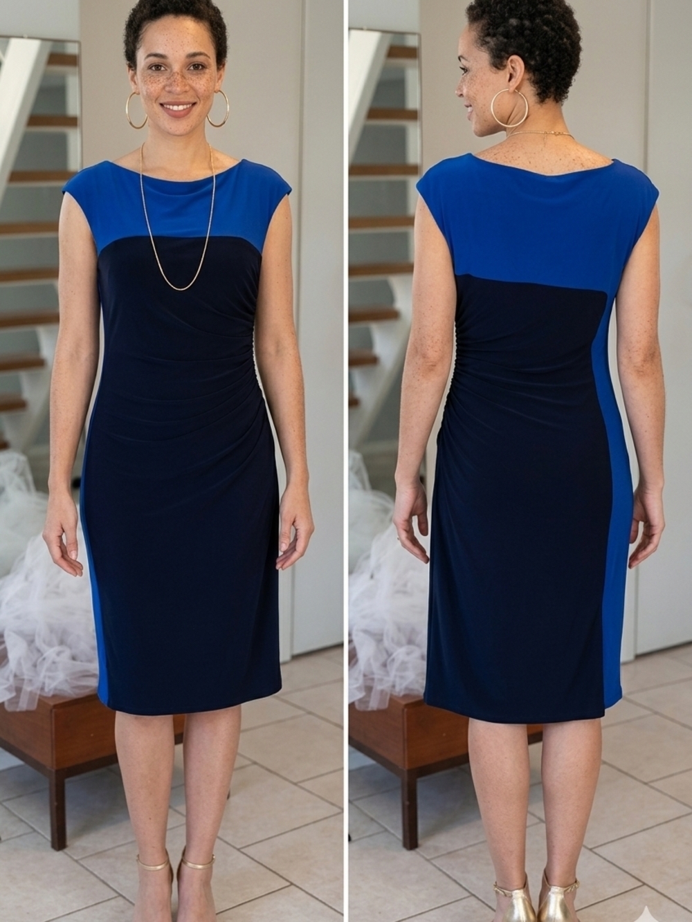 Ralph Lauren💙Navy & Royal Blue Cap-Sleeve Midi Sheath💙Side Waist Rushing Sz 12